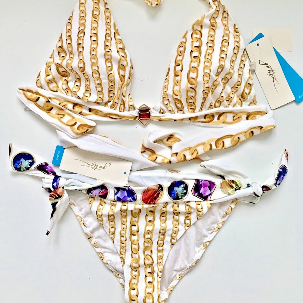 GOTTEX 14 Top 12 Bottom White Chain Print Two Piece Bikini Swimsuit Rhinestone